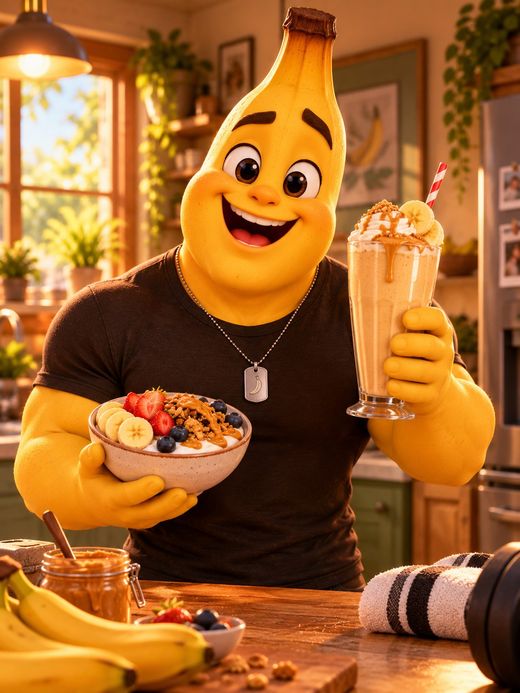 Bananudo com shake e bowl de frutas